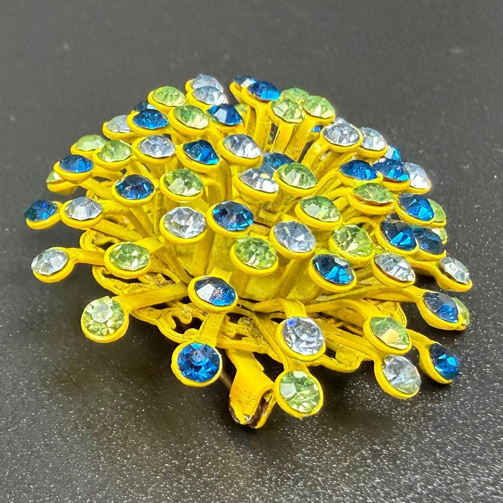 Vintage Atomic Brooch Yellow Blue Green Clear Rhinestones Sputnik Starburst - Picture 13 of 14